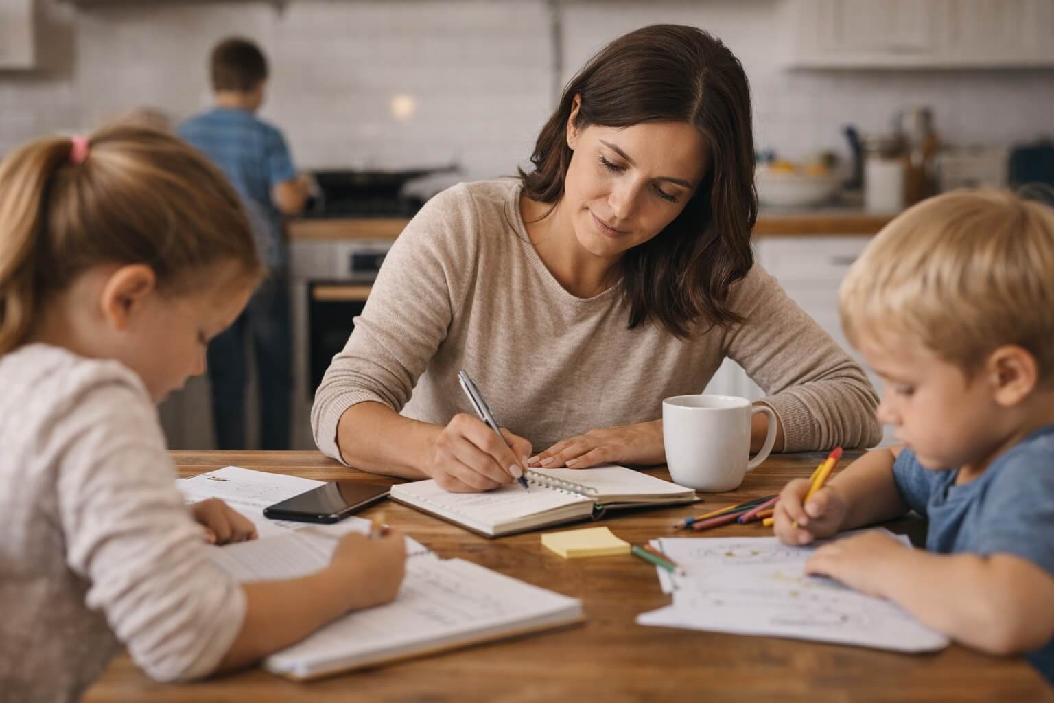 Mother working at a kitchen table with notes and a laptop in natural light