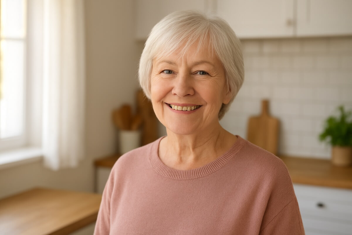 Smiling senior woman in a cozy kitchen