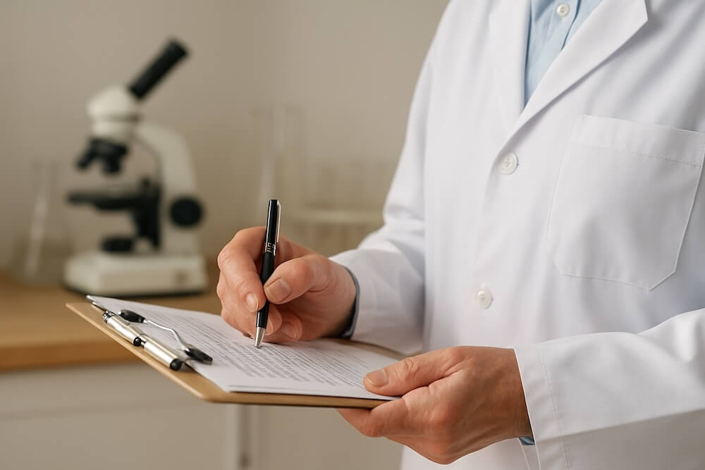 Researcher reviewing notes with a clipboard in soft lighting