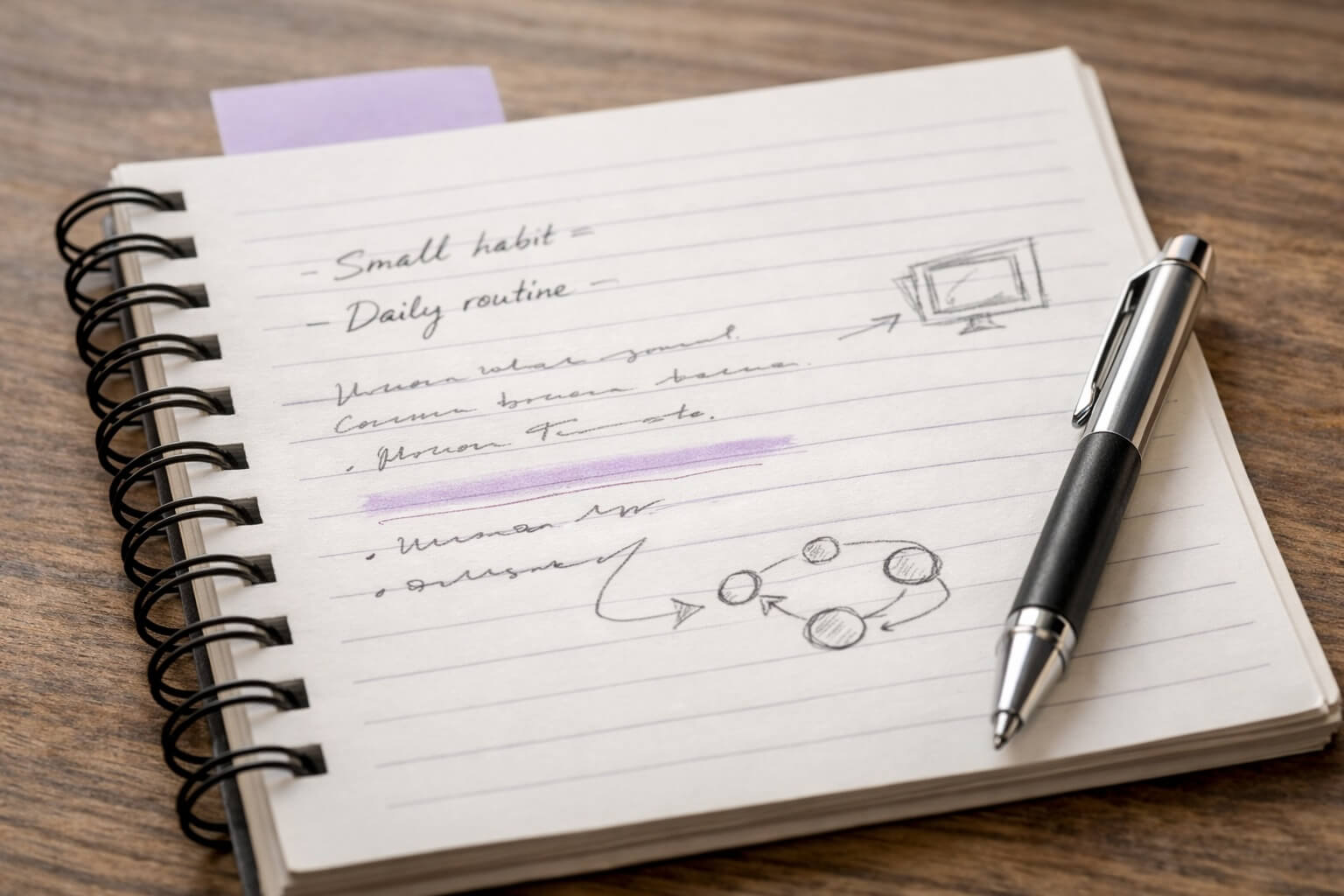 Notebook page with notes, subtle purple accents, editorial style